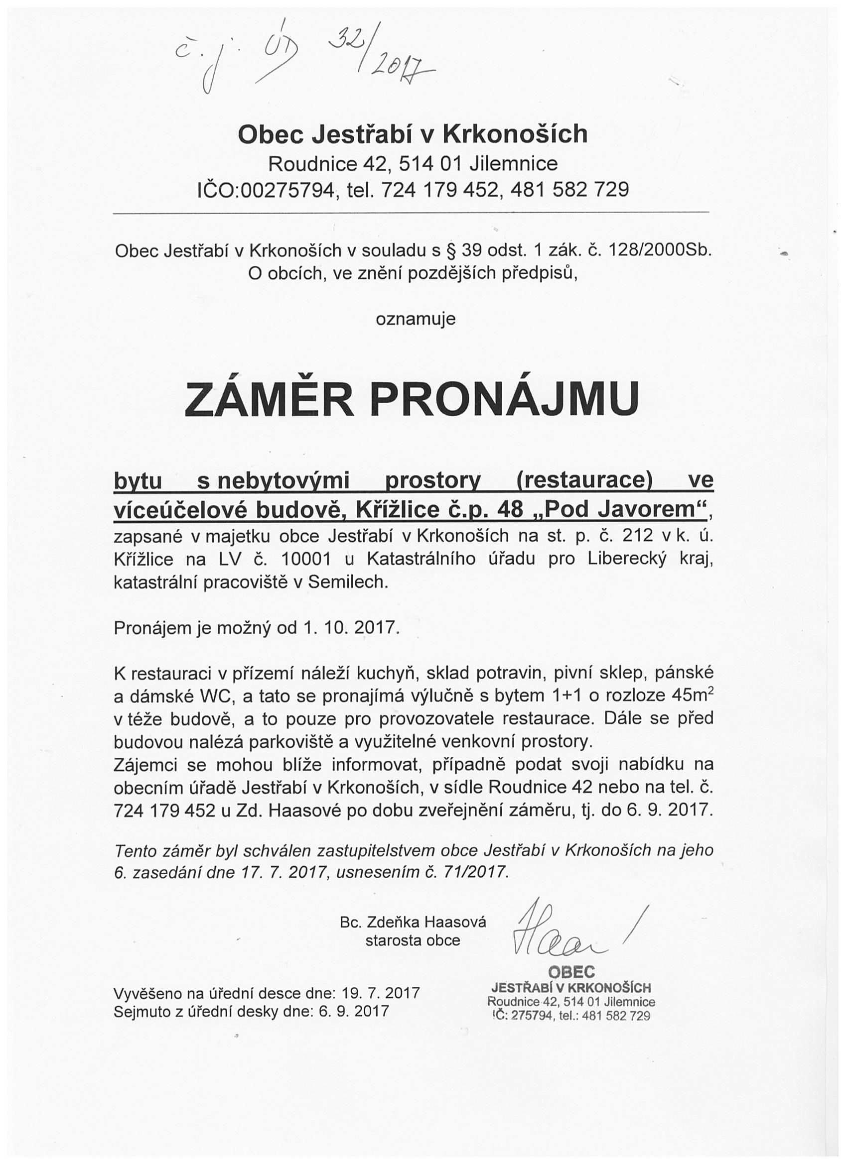 Záměr  pronájmu restaurace Pod Javorem v Křížlicích (včetně bytu 1+1 pro provozovatele).